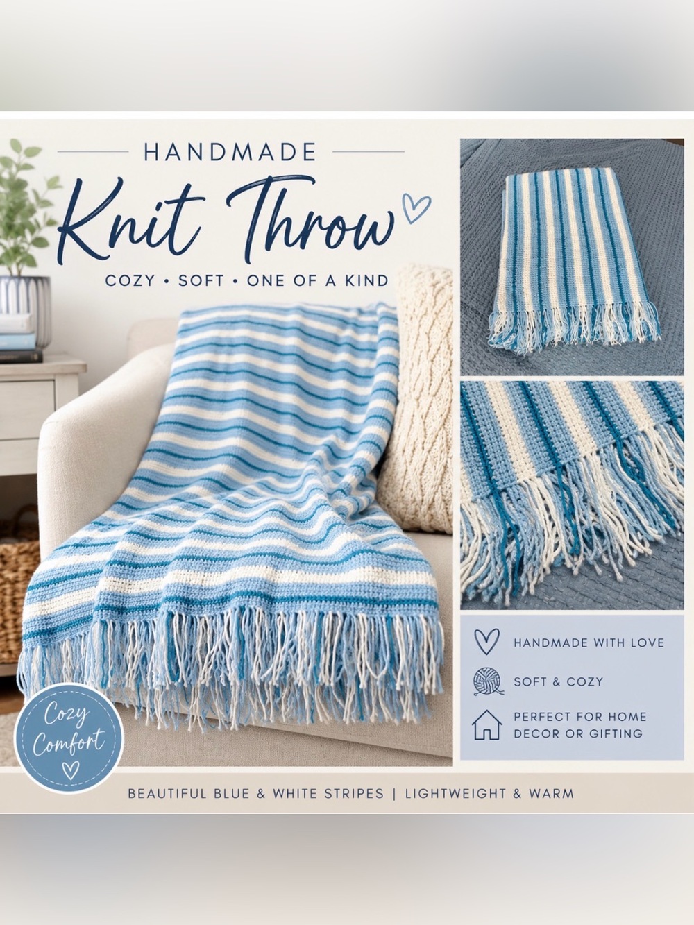 Handmade Blue & White Striped Knit Throw Blanket With Fringe 41x58 Inches
